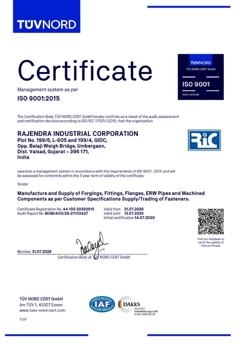 ISO 9001:2015 certificate issued to Rajendra Industrial Corporation