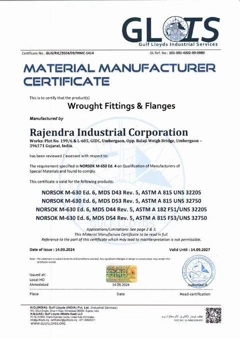 NORSOK M-650 certificate issued to Rajendra Industrial Corporation