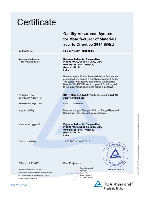 PED 2014/68/EU certificate issued to Rajendra Industrial Corporation